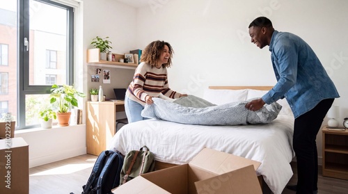 Back to school university students make a bed together in a bright modern dormitory room for campus living editorial content