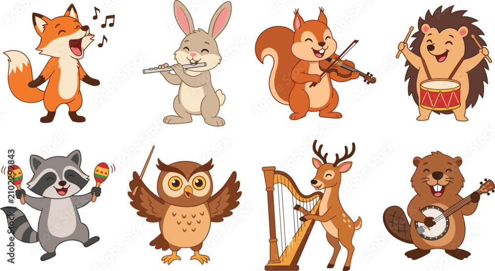 Fototapeta premium Cute Cartoon Animals Playing Musical Instruments - Orchestra Band Characters Vector Illustration Set