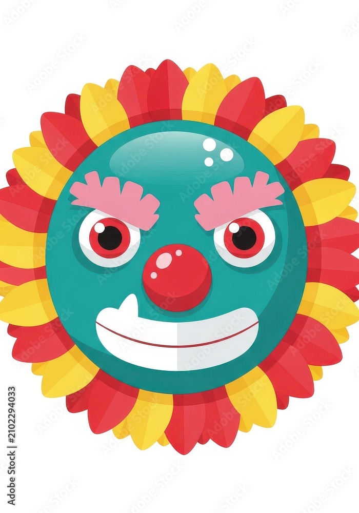 Naklejka premium Colorful Cartoon Clown Monster Face Illustration with Red and Yellow Petal Hair for Circus and Party Designs