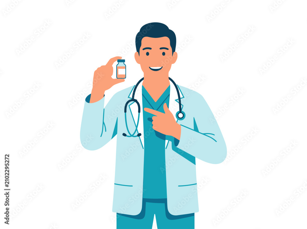Fototapeta premium Doctor Holding And Pointing To A Vaccine Vial