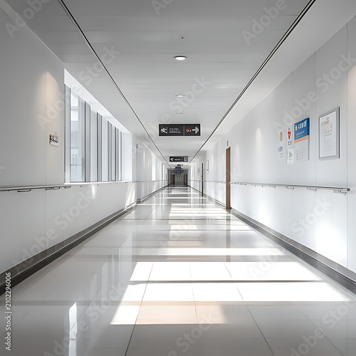 Bright hospital corridor with white walls and polished tile floor