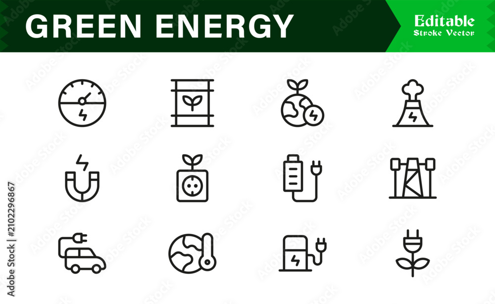 Fototapeta premium Renewable Energy, Eco Power: Unique Line Icon Collection – Clean, Pixel Perfect, Customizable Icons