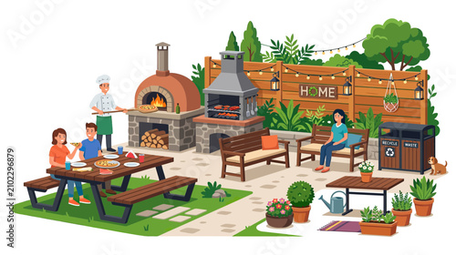 Konstfotografi Family Backyard BBQ and Pizza Oven Party Scene