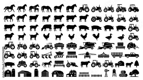 Tableau sur toile Farm Animals and Agricultural Machinery Icons Set