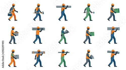 Tableau sur toile Construction workers carrying materials and tools in motion.