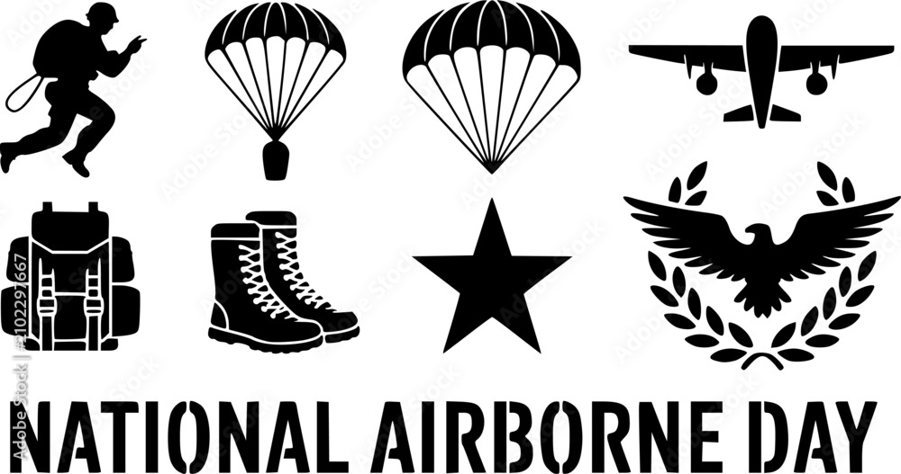 Fototapeta premium National Airborne Day creative vector typography design layout featuring a collection of flat military icons including a paratrooper silhouette, parachutes, cargo airplane, backpack, combat 