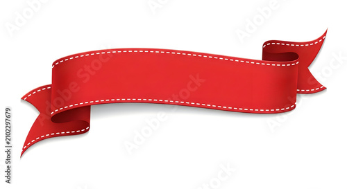 Elegant red curved ribbon with white stitched edges for celebration and design.