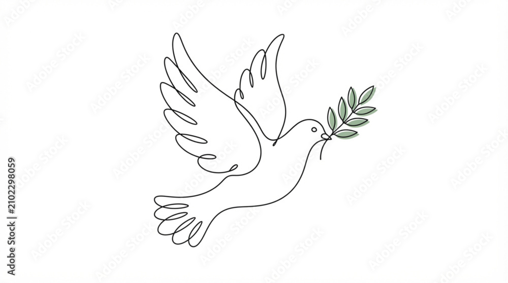 Fototapeta premium Peace dove continuous line art vector illustration with minimalist flying bird and green olive branch isolated on white background