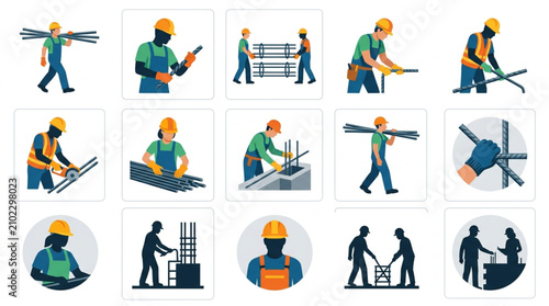 Photos Construction Workers Performing Various Building Tasks.