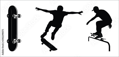 Foto Skateboard And Skateboarding Icon Set Featuring Skate Deck, Wheels, Tricks, Extreme Sports And Urban Street Culture Symbols, Modern Editable Stroke Minimal Vector Illustration For Website
