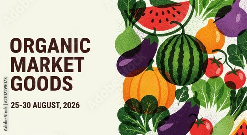 Organic Market Goods Event Banner with Illustrated Fruits and Vegetables for Farmers Market Promotion