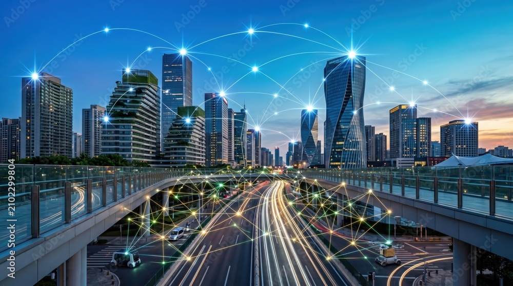 Fototapeta premium Futuristic smart city skyline with glowing network connections overlaying highway traffic, representing urban technology, internet of things, digital infrastructure, connectivit...
