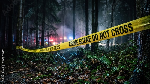 Crime Scene Tape in Forest: Yellow caution tape inscribed with CRIME SCENE DO NOT CROSS cordons off a dark, atmospheric forest at night, illuminated by distant emergency lights.