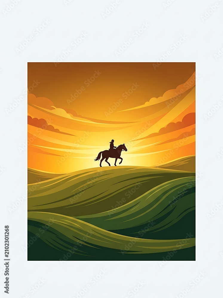Obraz premium Silhouette of a lone horse rider on rolling hills at sunset