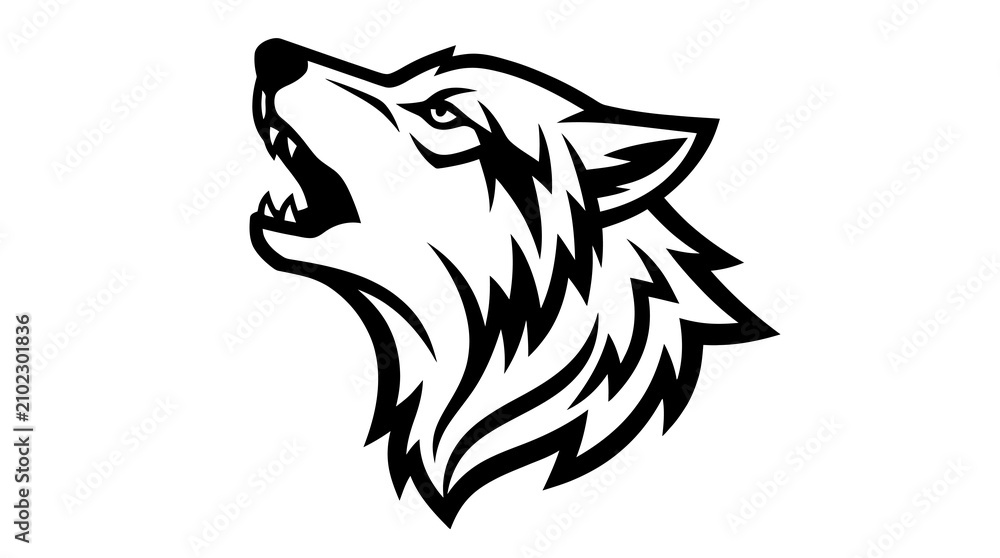 Naklejka premium Head of ferocious wolf howling in dark monochrome line art vector graphic illustration set.