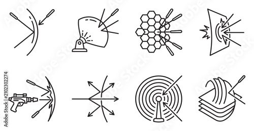 Collection of laser beam and energy shield icons demonstrating defense and impact effects.
