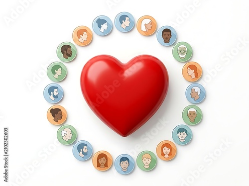 Colorful diverse human faces surrounding a red heart symbolizing unity and love together