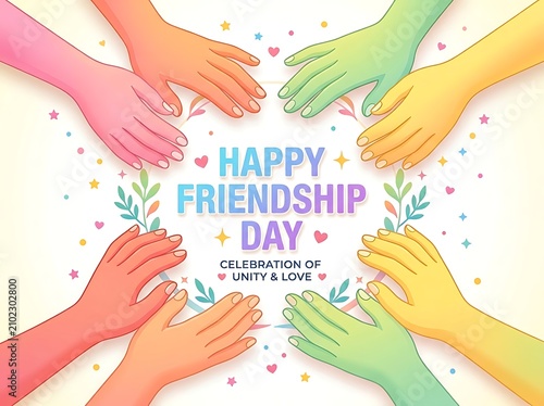 Colorful hands coming together in unity for happy friendship day celebration of love and togetherness illustration