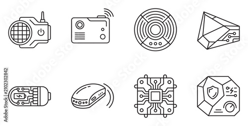 Futuristic high tech device with antenna and power button simple vector icon.