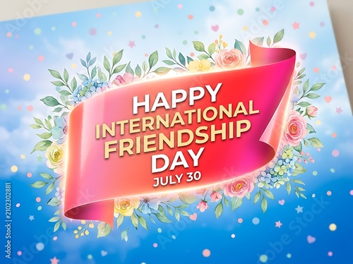 Colorful happy international friendship day celebration banner with flowers and ribbon design