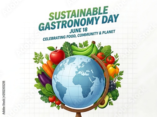 Colorful sustainable gastronomy day poster with globe and fresh vegetables illustration celebrating food community and planet