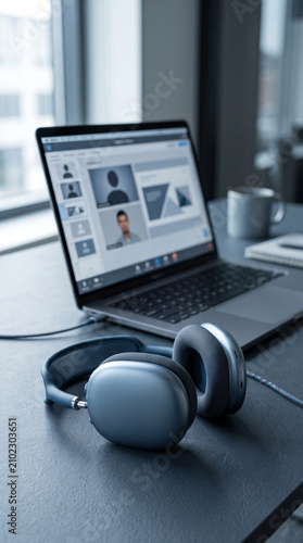 Headphones and laptop for online webinar