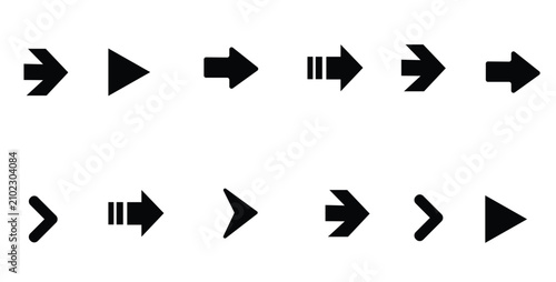 A set of black arrows in various styles, including dashed and striped designs. The arrow points to the right, featuring a bold, geometric pattern. Arrows for navigation. A vector set of elements.