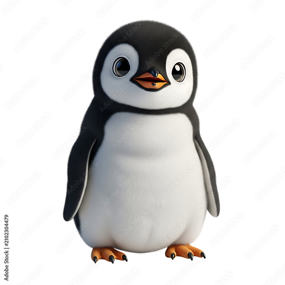 Fototapeta premium Adorable baby penguin standing with wildlife antarctic creature feathers character illustration portrait standing flightless innocent friendly isolated background rendering