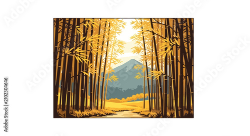Golden bamboo forest path leading to distant mountain