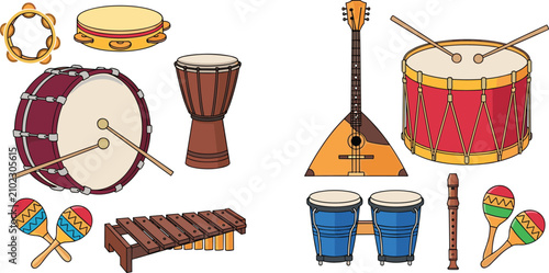 Fotografi Acoustic and percussion musical instruments vector illustration set featuring sn
