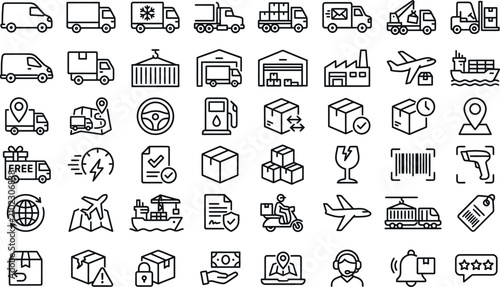 Konstfotografi Comprehensive logistics icon set delivery trucks warehouses shipping supply chai