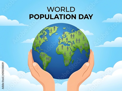 Illustration of hands holding earth with people icons for world population day concept design
