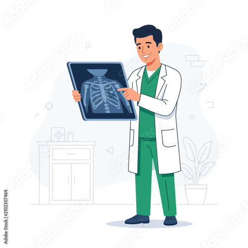 Doctor Examining Radiograph Of Patient's Rib Cage Detailed Medical Illustration