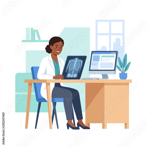 Doctor Examining X-Ray And Working On Computer In Modern Clinic