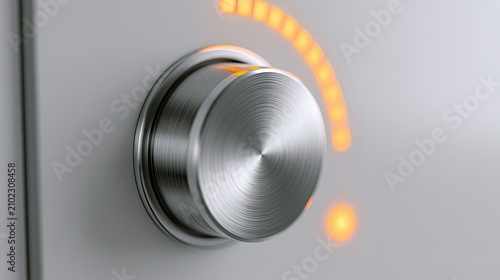 Brushed metal dial with illuminated orange indicator lights on a clean white panel