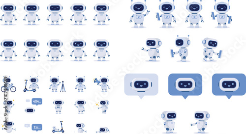 Cute AI Robot Cartoon Character Mascot Set Featuring Different Poses Expressions Chat Bubbles and Tech Emoticons for Chatbot Interface and Application UI Designs