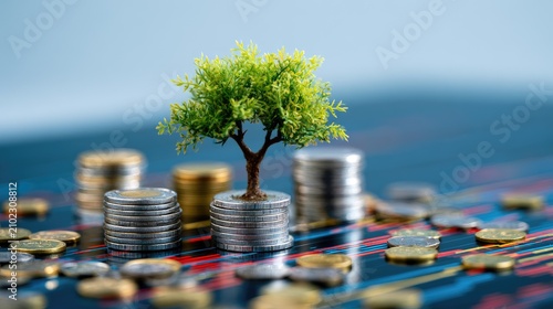 Tiny tree grows from stack of coins on colorful, abstract background