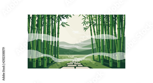 Photography Serene bamboo forest path leading to distant misty mountains