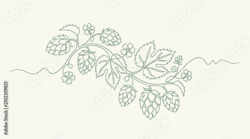 Elegant minimalist continuous line drawing of a vibrant green hop branch with decorative botanical flowers, artistic single stroke herb foliage illustration for modern aesthetic floral design.
