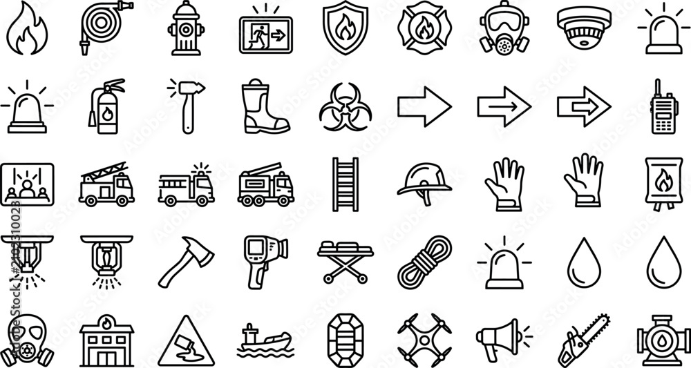 Naklejka premium Firefighter and emergency services equipment icons set, thin line style, vector illustration