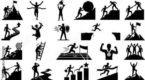 Foto Set of success and achievement icons, people reaching goals, climbing mountains,