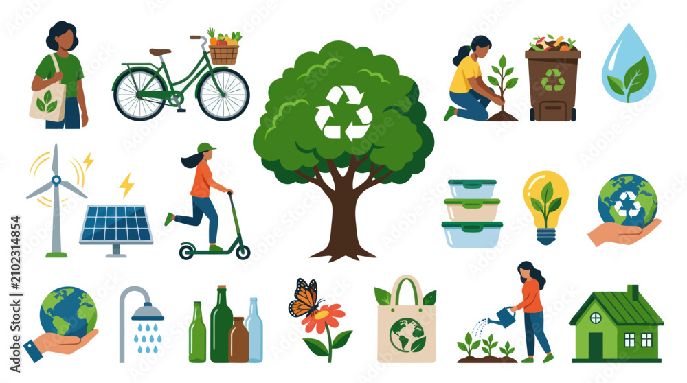 Naklejka premium Flat Style Eco-Friendly Icons: Nature, Recycling, Renewable Energy, Green Living
