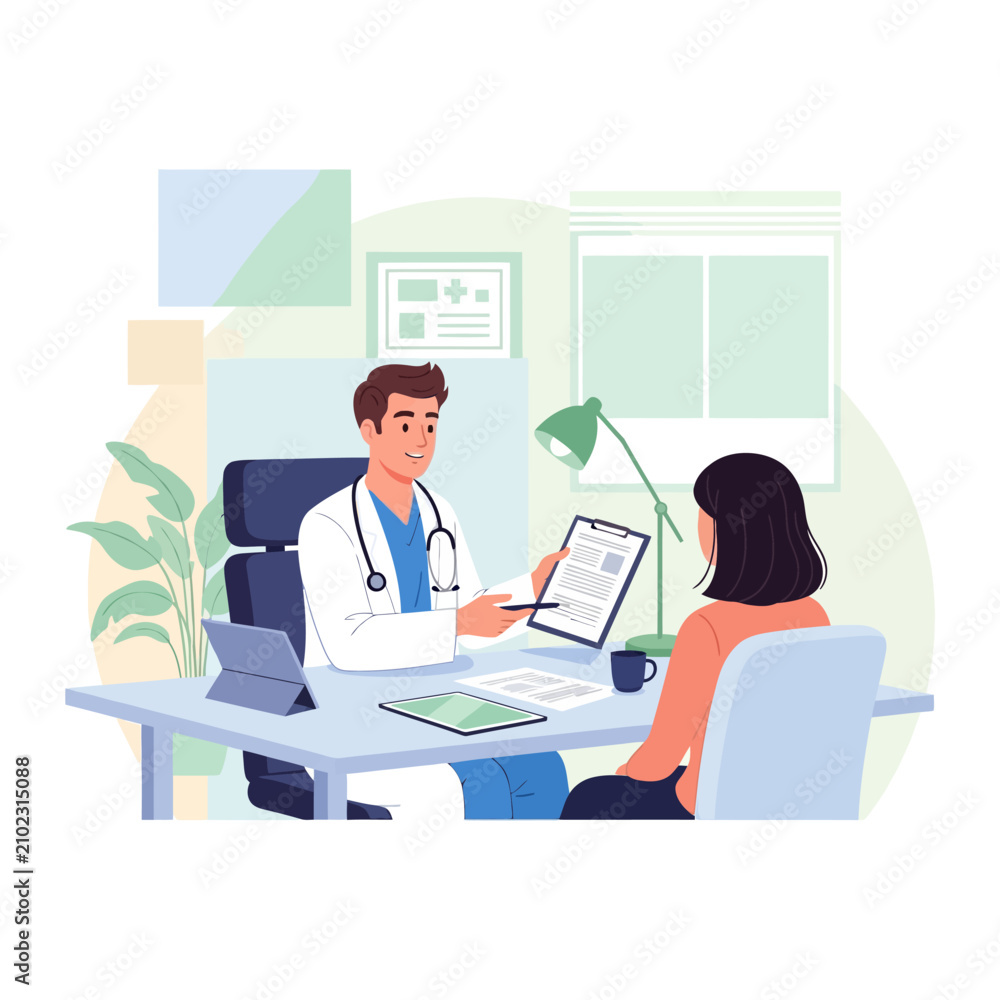 Fototapeta premium Doctor Consults Patient Discussing Medical Information In Office Setting