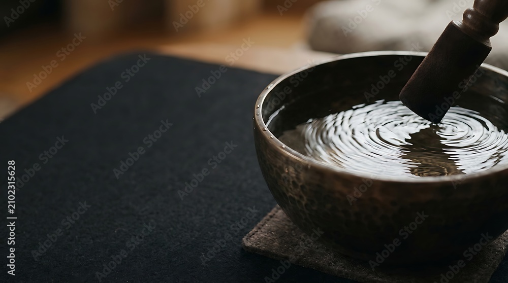 Fototapeta premium Tibetan singing bowl with water ripples and mallet for meditation