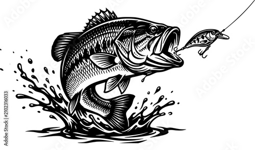 Bild auf Leinwand Detailed vintage sketch vector illustration of a largemouth bass fish jumping dy