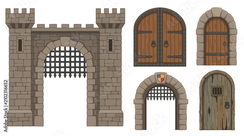 Collection of ancient medieval castle gates and arched wooden doors featuring wrought iron hinges and stone masonry textures isolated on a clean white background for design architecture.