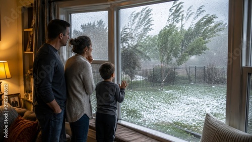 Family Watching Severe Hailstorm From Home Window