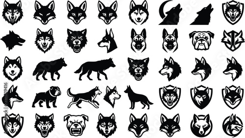 Canine predator silhouettes and wolf packs for sports team mascots and shield emblem logo templates