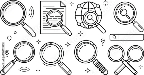 Magnifying glass and search vector line art icon set featuring data inspection document review global optimization and analysis\