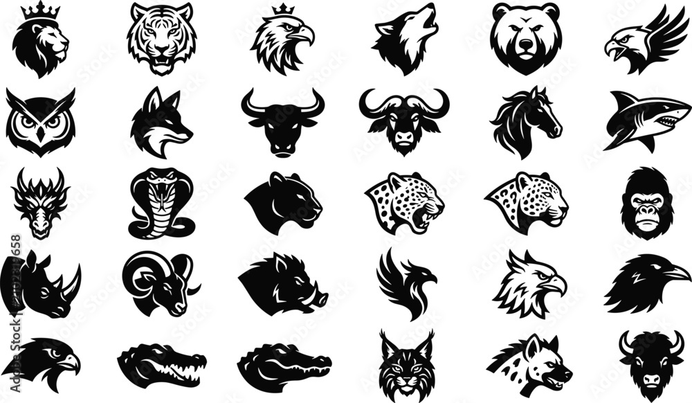 Obraz premium Modern monochrome collection of animal head silhouettes designed for creative branding layouts